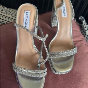 Silver Rhinestone Platform Heels with Strappy Design - BRAND NEW NEVER WORN